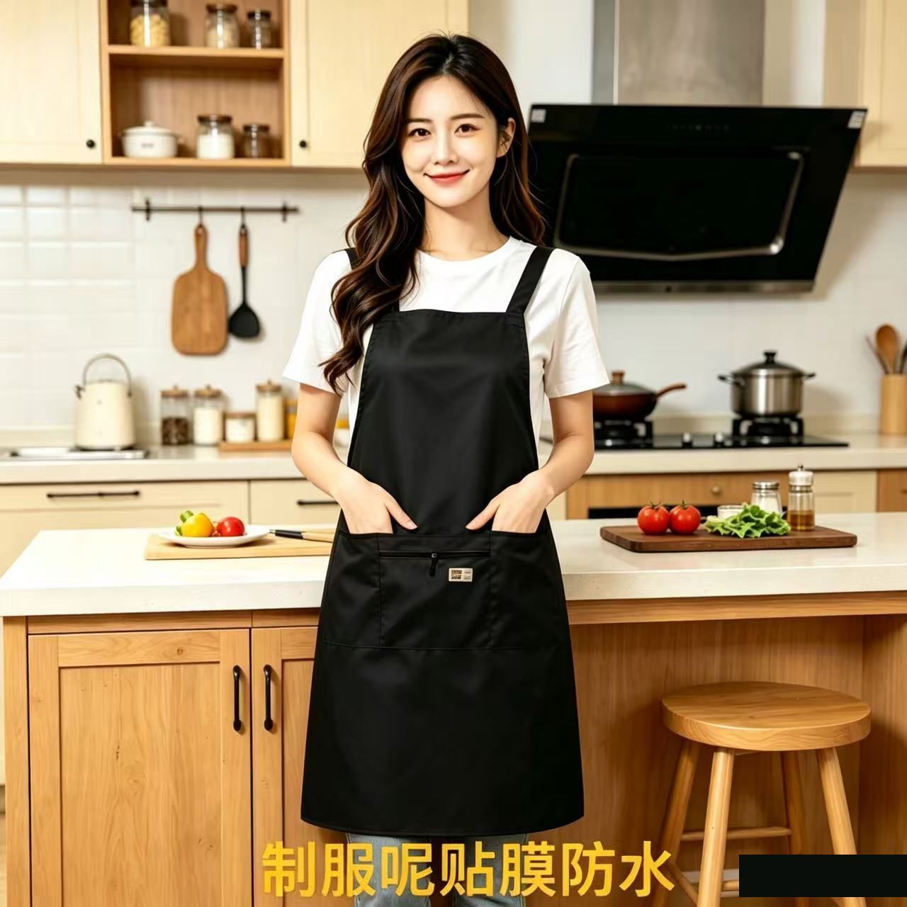 Tirantes delantal cremallera cocina cocina para el hogar catering moda hombre y mujer antifouling ropa de trabajo personalizado alrededor de la cintura imprimir caracteres