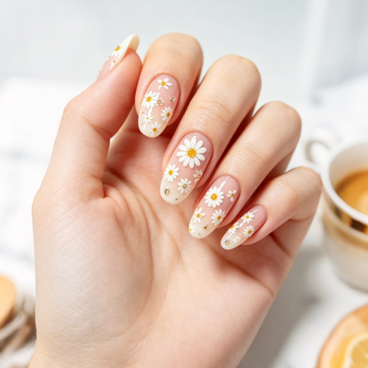 Primavera verano fresco tridimensional pintado a mano relieves pegatinas de uñas pequeñas margaritas adhesivo de espalda flores polivalentes decoración de uñas apliques Application Scenario