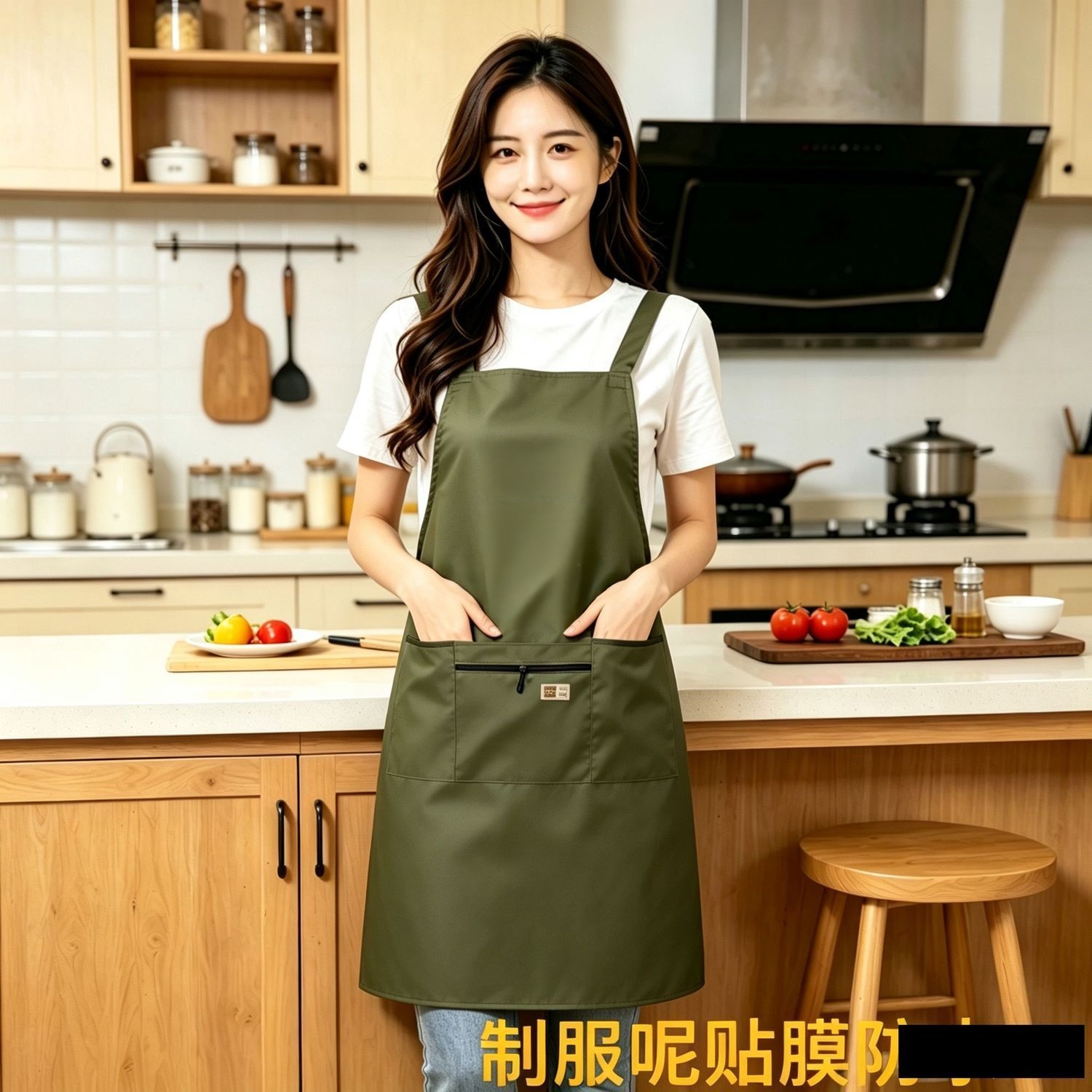 Tirantes delantal cremallera cocina cocina para el hogar catering moda hombre y mujer antifouling ropa de trabajo personalizado alrededor de la cintura imprimir caracteres details Picture