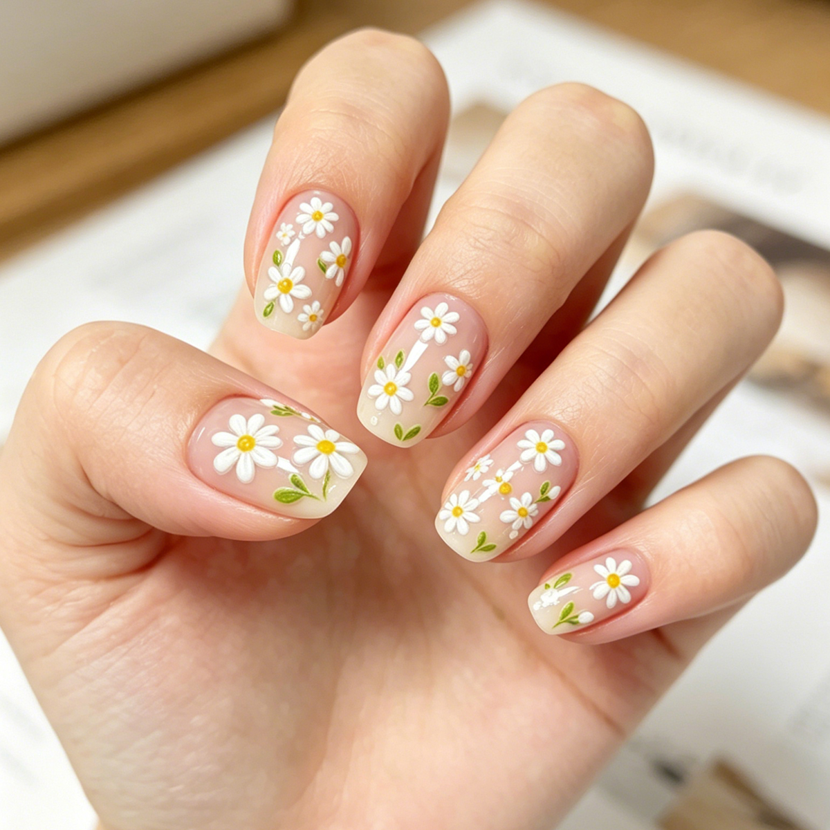 A fresh and light spring 3D Daisy nail sticker with embossed three-dimensional romantic Daisy flowers and cute nail stickers Application Scenario