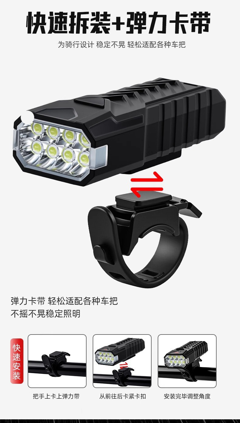 HJ-300(8led headlight) Bicycle headlight USB charging high-intensity light LED Bicycle headlight Night Mountain bike Lighting light flashlight pic 8