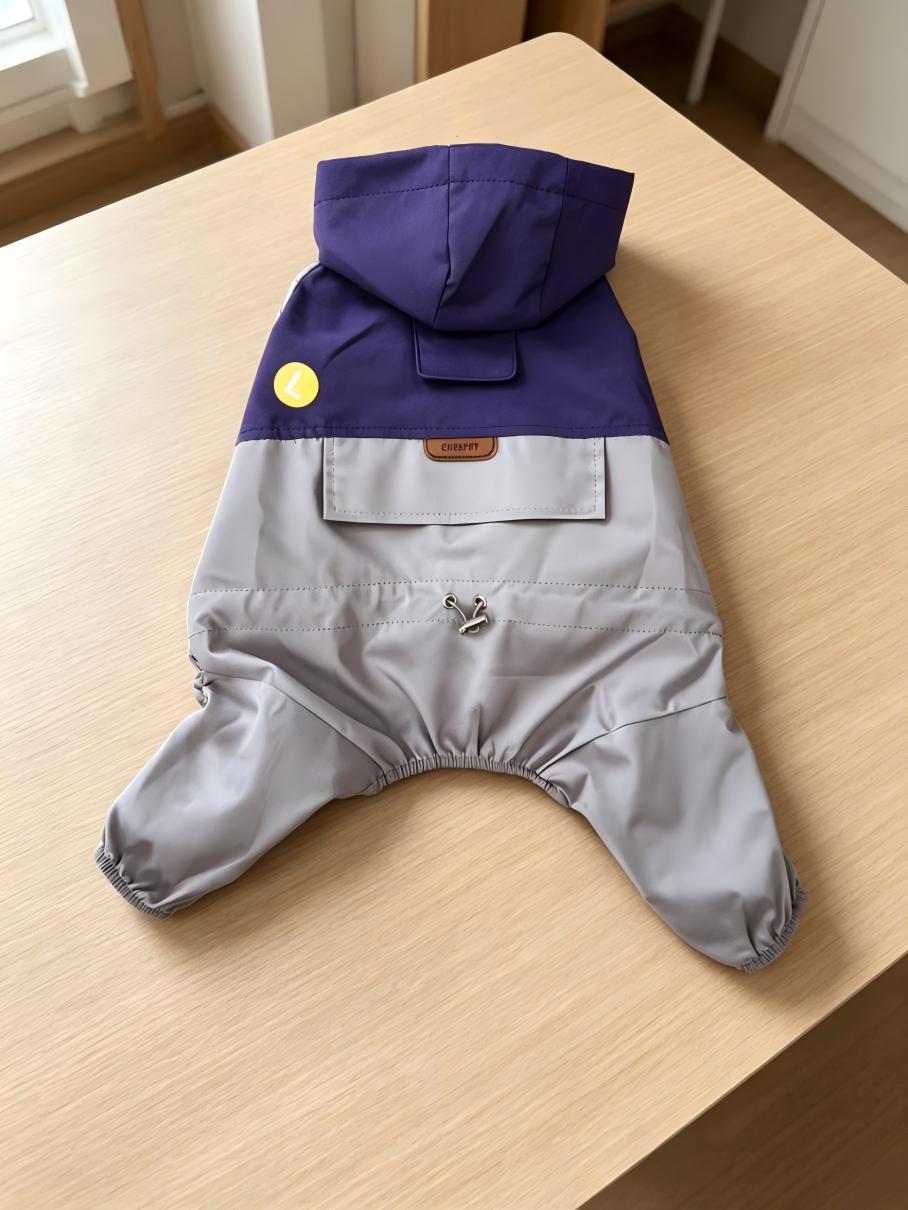 Color-blocking pet all-inclusive outdoor raincoat with built-in drawstring holes, four-legged style, windproof, rainproof and dirt-resistant small pet outdoor jacket Item Picture