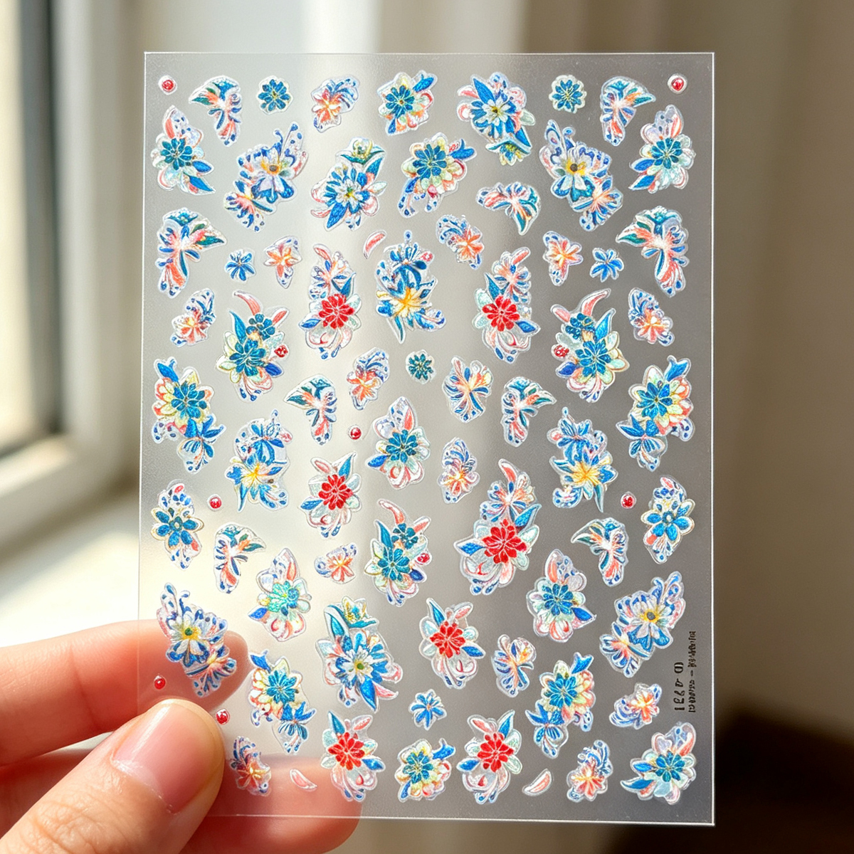 Blue hairpin nail stickers, shell-light Chinese-style colorful small flower relief nail decoration stickers