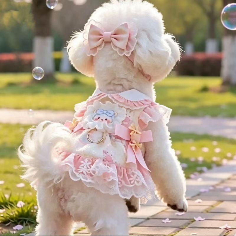 This sweet and beautiful checkered bow pet dress features an exquisite embroidered lace design that can be directly hung on a leash. It's a little dress for pets to wear details Picture