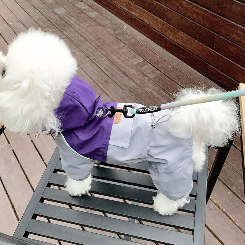 Color-blocking pet all-inclusive outdoor raincoat with built-in drawstring holes, four-legged style, windproof, rainproof and dirt-resistant small pet outdoor jacket