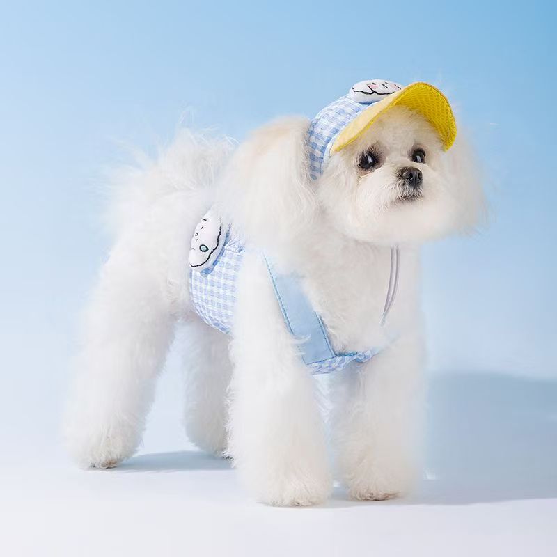Cute embroidered dog checkered pet chest and shoulder strap set with sun hat, leash for pet walk, breathable vest style leash