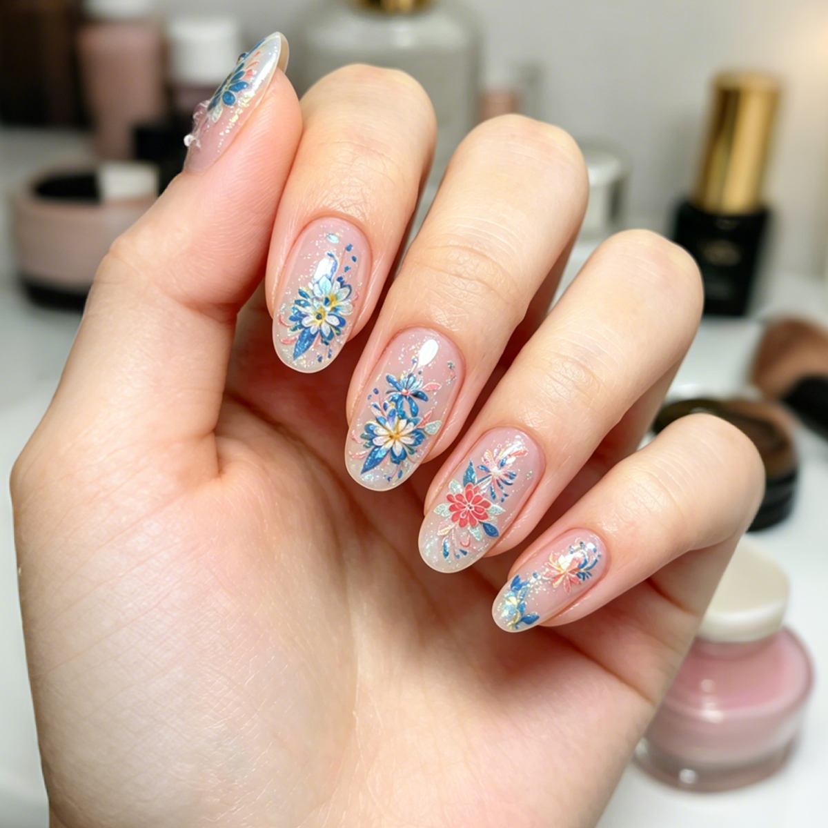Blue hairpin nail stickers, shell-light Chinese-style colorful small flower relief nail decoration stickers Application Scenario