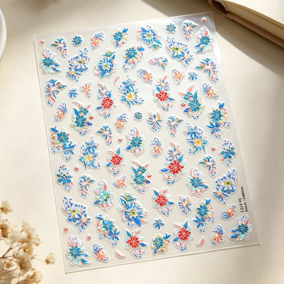 Blue hairpin nail stickers, shell-light Chinese-style colorful small flower relief nail decoration stickers Specification image