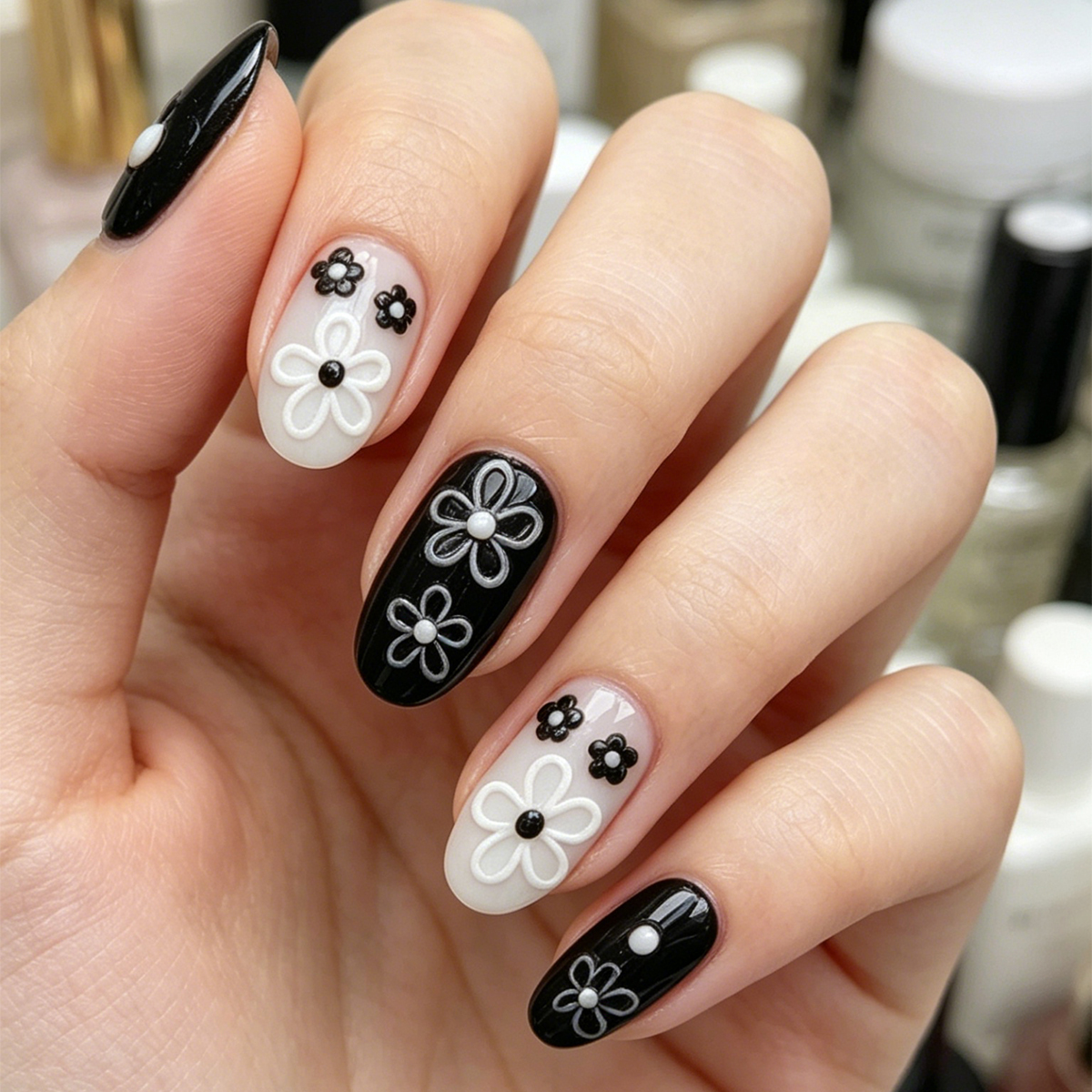 Black and white hand-painted small flower nail stickers, new embossed heart-shaped flower wearable nail sticker decoration, decorative sticker Application Scenario