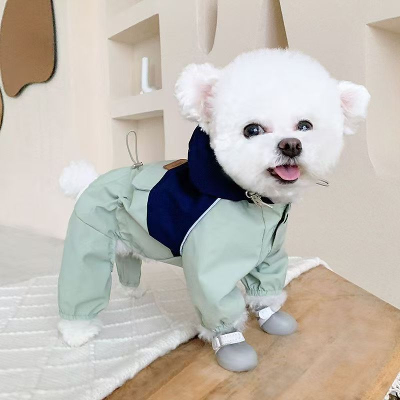 Color-blocking pet all-inclusive outdoor raincoat with built-in drawstring holes, four-legged style, windproof, rainproof and dirt-resistant small pet outdoor jacket details Picture