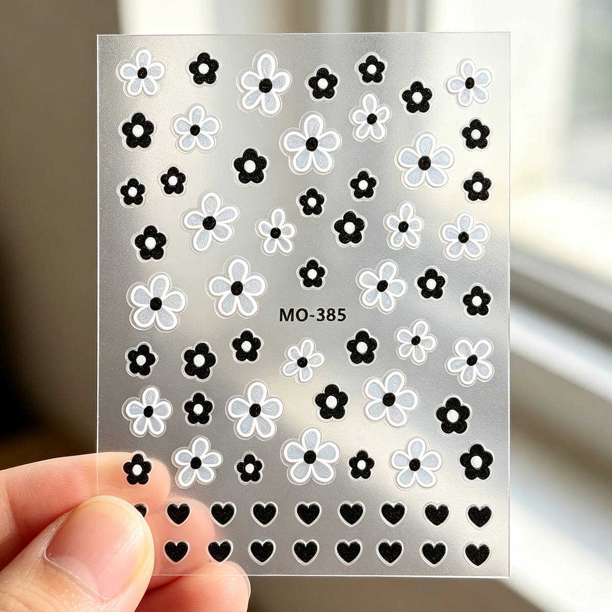 Black and white hand-painted small flower nail stickers, new embossed heart-shaped flower wearable nail sticker decoration, decorative sticker