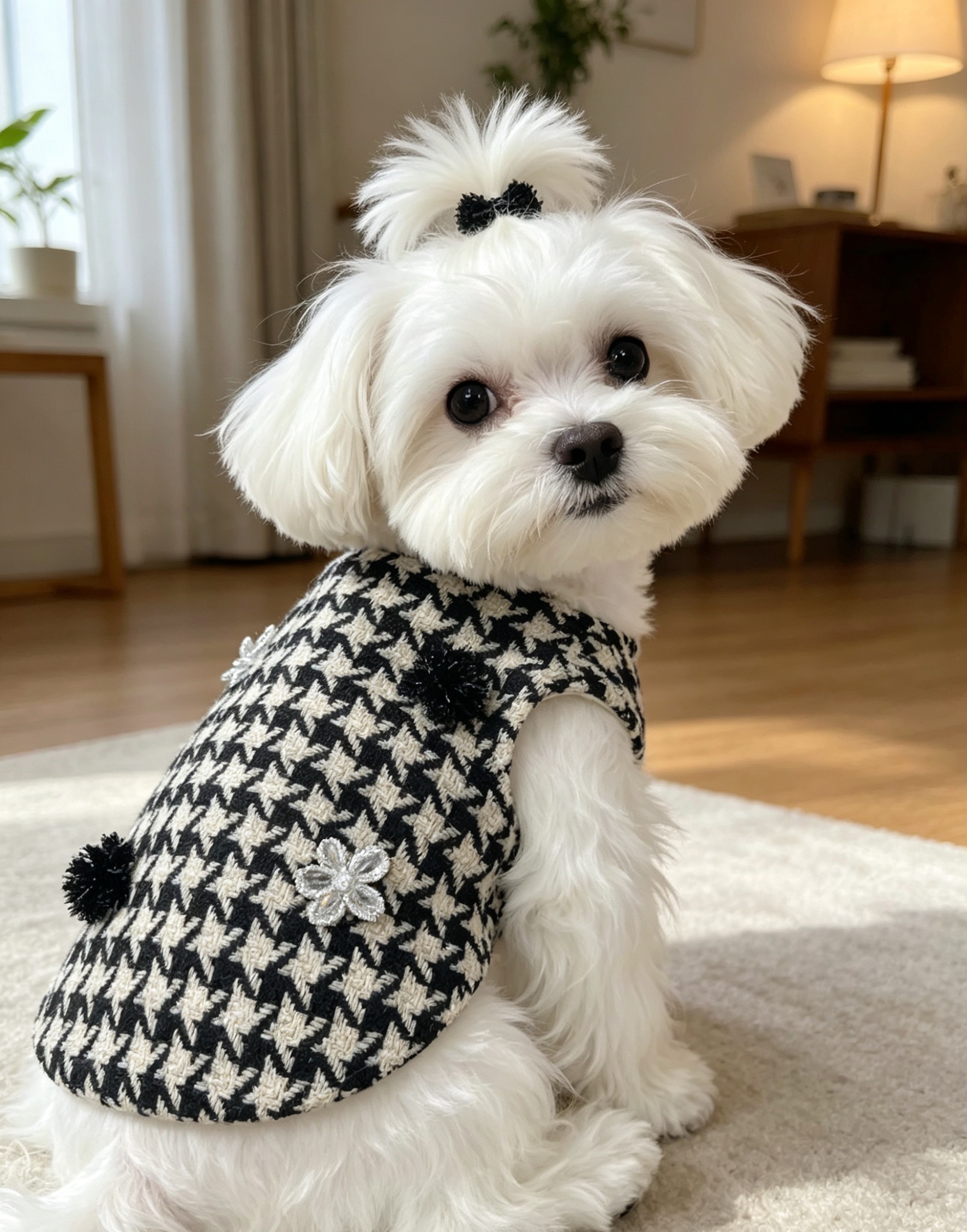 Classic black and white checkered pet coat, chanel-style thick vest, simple and elegant pet autumn and winter outfit vest