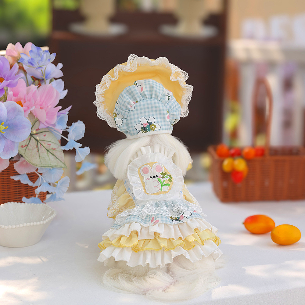 A yellow and white contrasting pet dress with cartoon patchwork embroidery and multi-layered lotus leaf lace, creating an atmosphere for daily photos details Picture