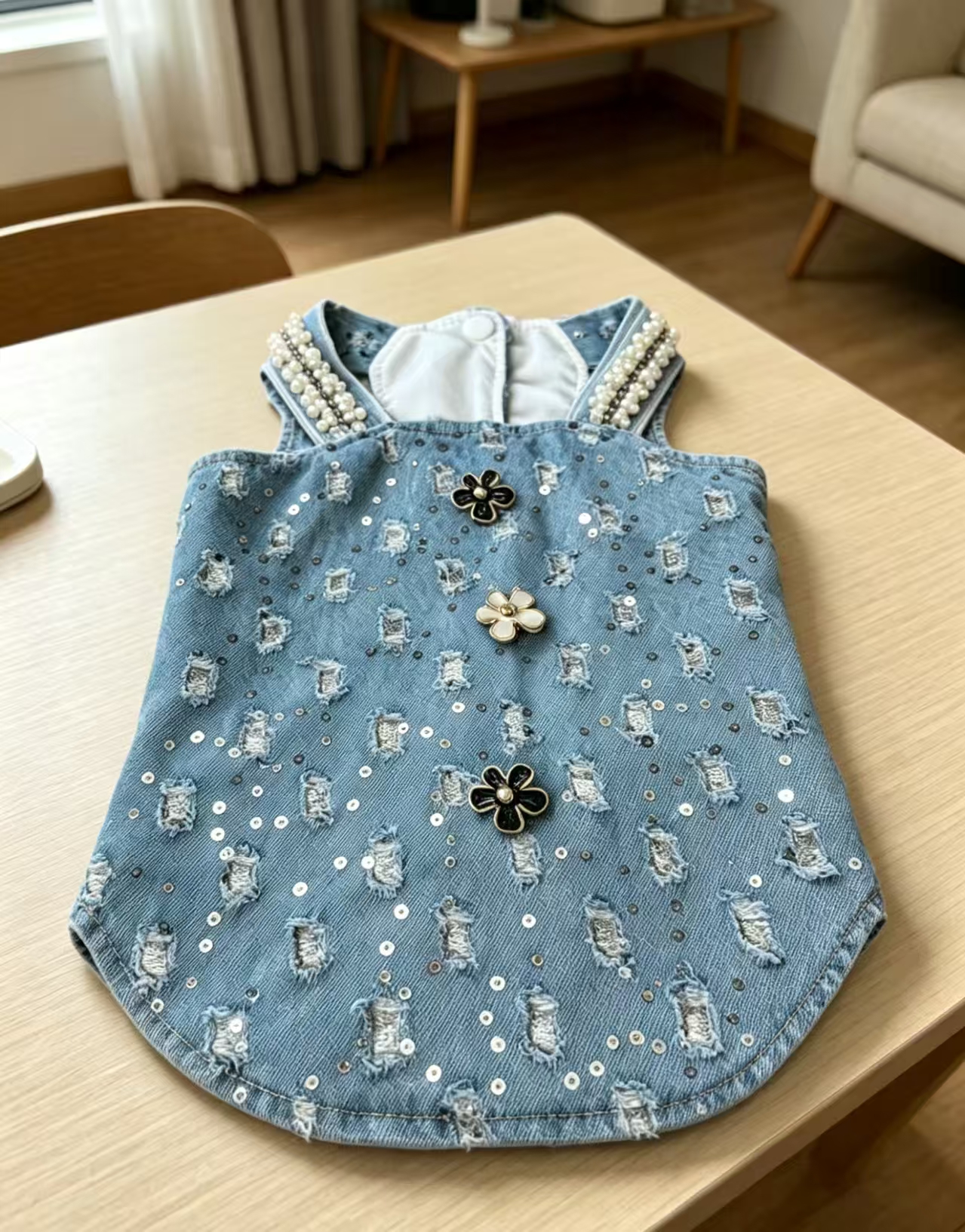 Heavy industry pearl shoulder strap denim pet vest with sequined jacquard flower buttons creates an atmosphere. The pet outing top can be paired with a beret Item Picture