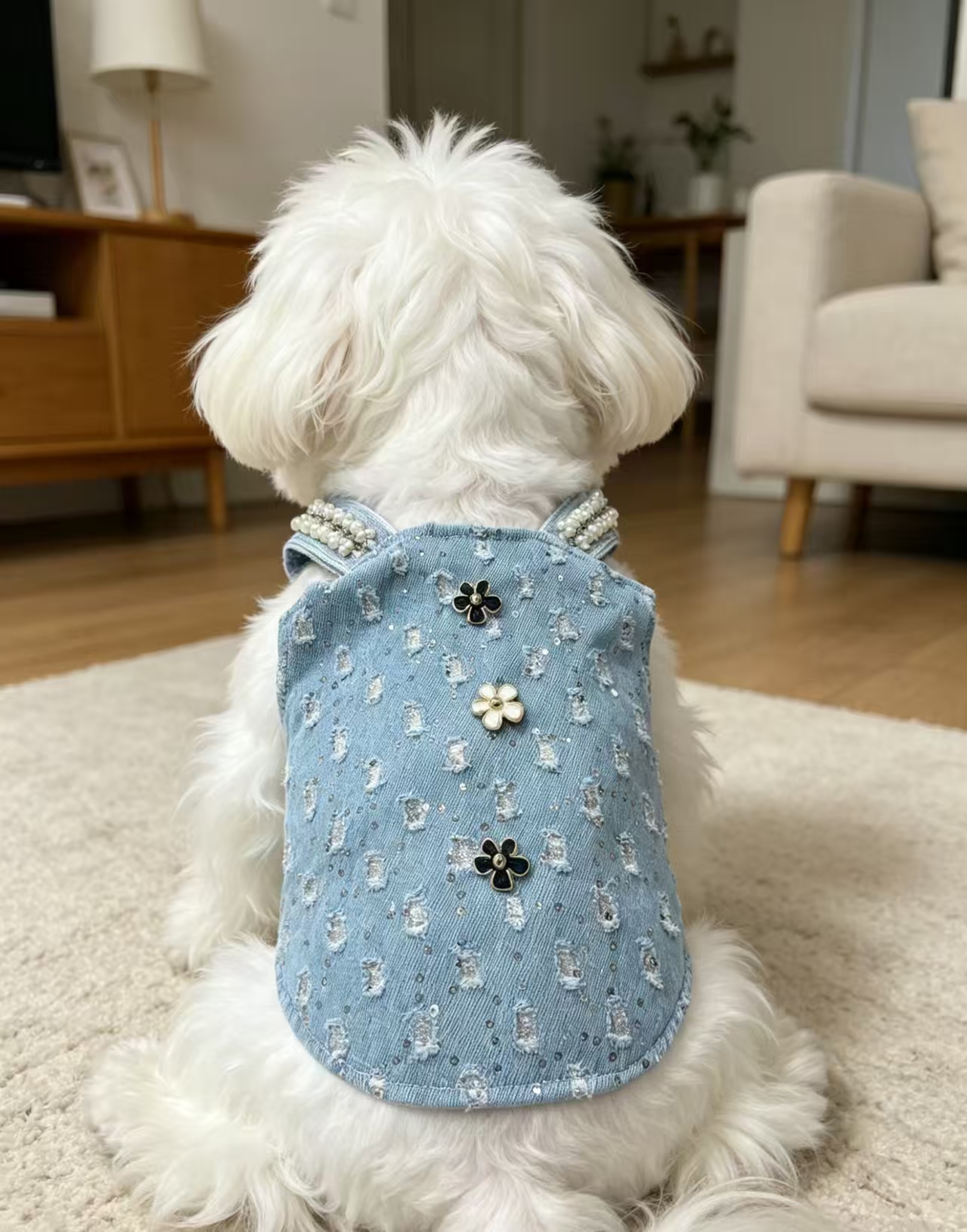 Heavy industry pearl shoulder strap denim pet vest with sequined jacquard flower buttons creates an atmosphere. The pet outing top can be paired with a beret