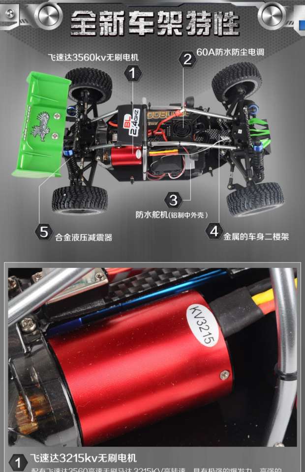 Feishen 1/10 Electric brushless off-road vehicle, four-wheel drive remote-controlled electric high-speed off-road vehicle, toy model car detail image 8
