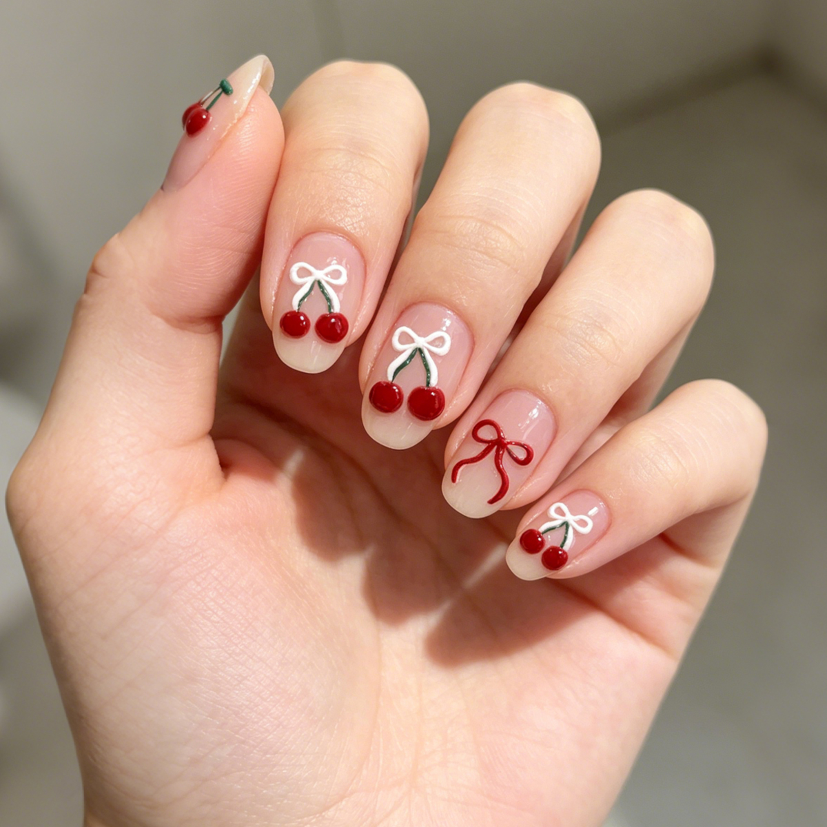 Cute tridimensional cereza burdeos emboscada adhesivo uñas ins viento dulce tridimensional wearable uñas decoraciones Application Scenario