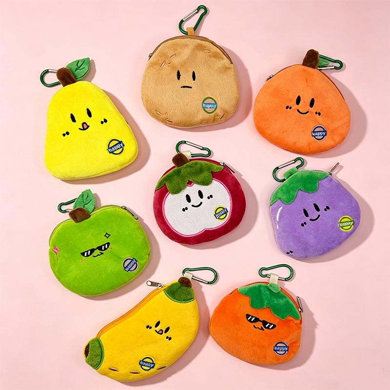 Cartoon fruit and vegetable plush coin purse pendant, mini zipper small bag, earphone storage bag, keychain bag, colorful fruit-shaped plush coin purse, children's cartoon small wallet, trendy ladies' bag, toy coin purse, trendy play style