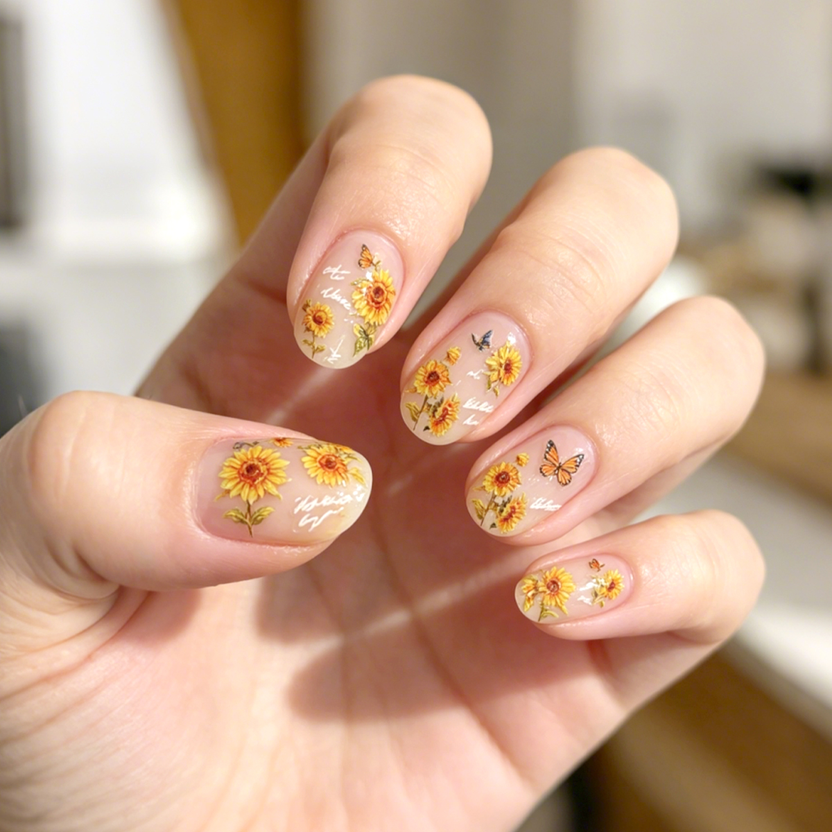Verano otoño girasol nail stickers cute mariposa pequeña relieve tridimensional flores amarillas uñas pegatinas accesorios Application Scenario