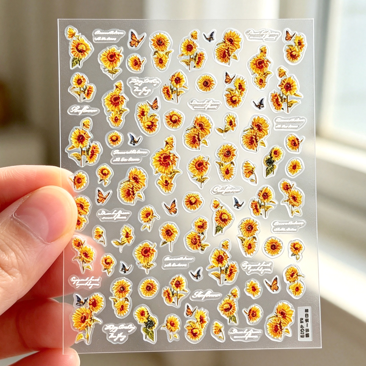 Summer and autumn sunflower nail stickers, cute little butterfly three-dimensional relief yellow flower nail sticker accessories