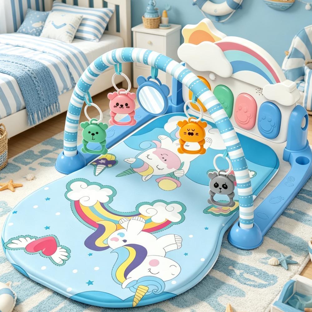 TinkerTot baby fitness frame, pedal piano, climbing mat, handmade toy, blue unicorn striped arched design, multi-functional crawling training equipment Application Scenario