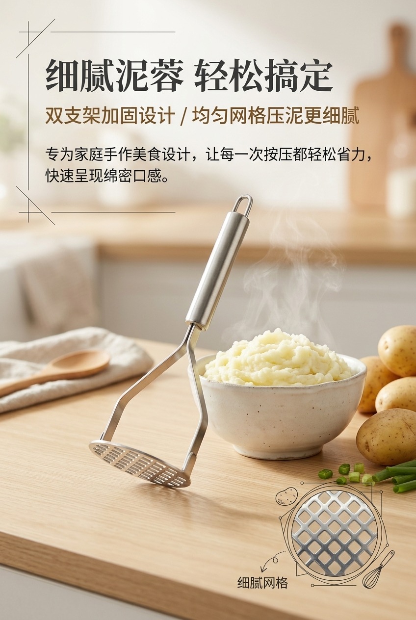 不锈钢压泥器带网格长柄厨房工具土豆泥搅拌器土豆土豆泥制作用品详情1