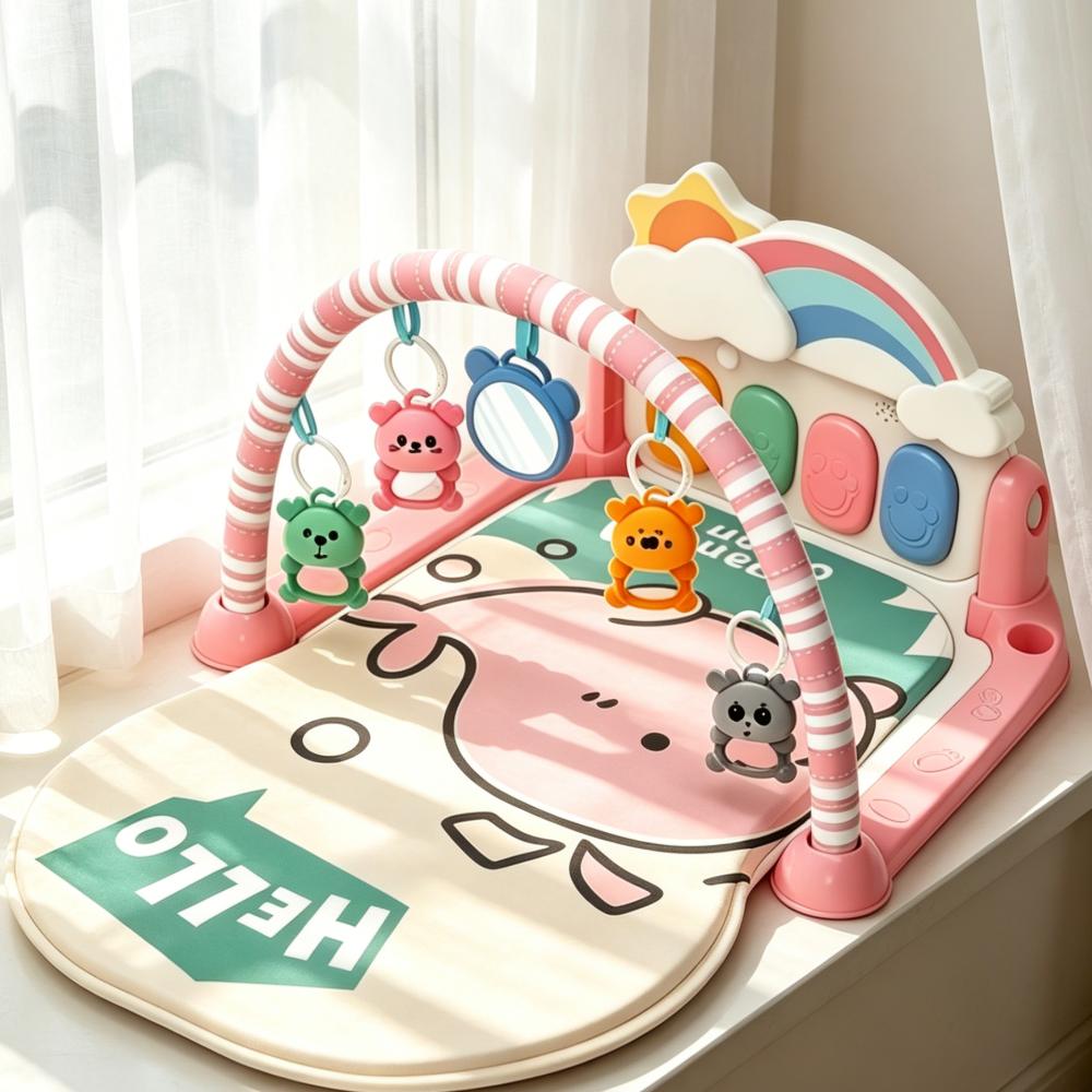 Ballena rosa arco arco arco bebé rack de fitness con colchoneta de juego pedal de pie cojín de arrastre cojín de escalada también lin juguetes hechos a mano conjunto combinado