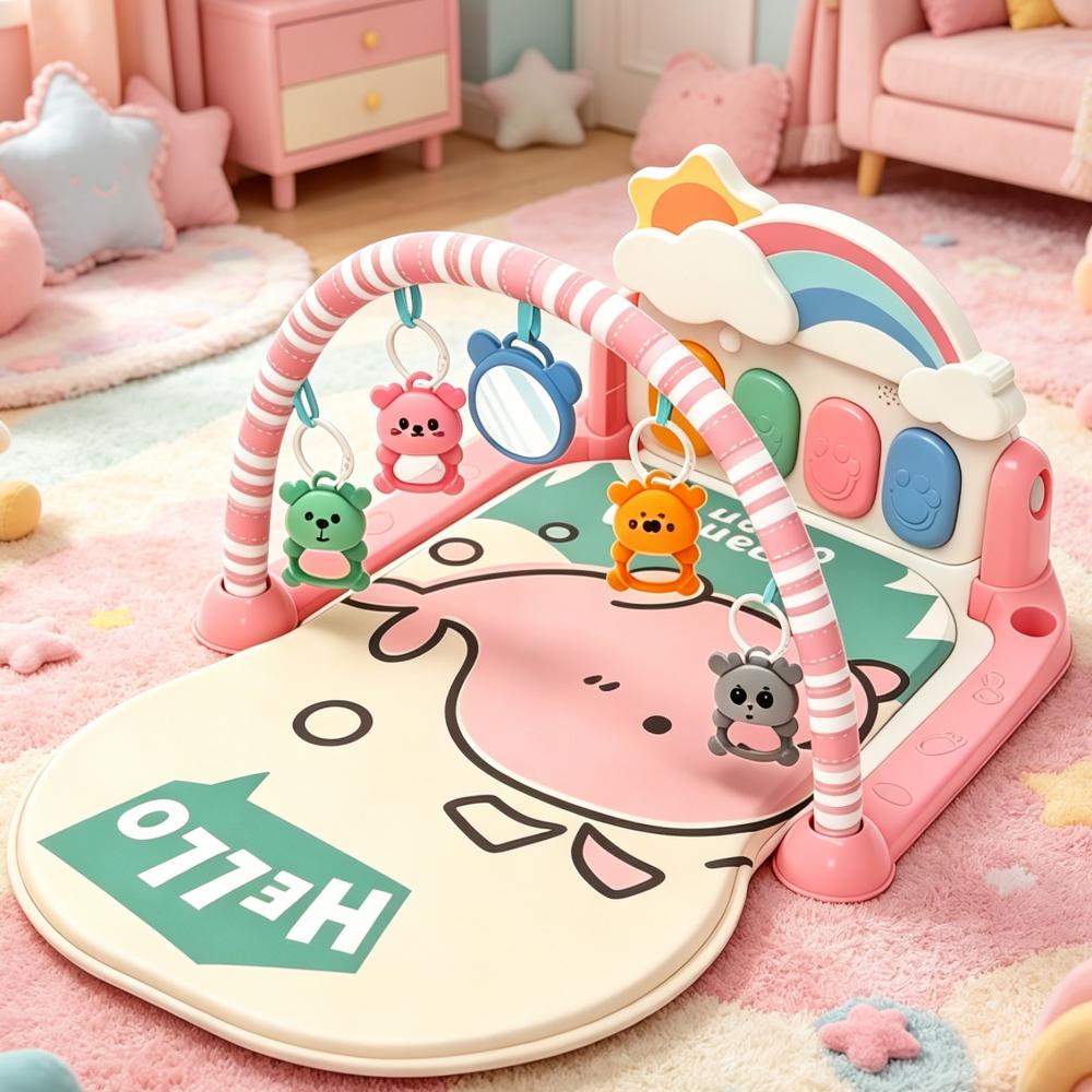 Pink whale rainbow arched baby fitness frame with game mat, foot pedal, crawling mat, crawling mat, Yilin handmade toy set Specification image