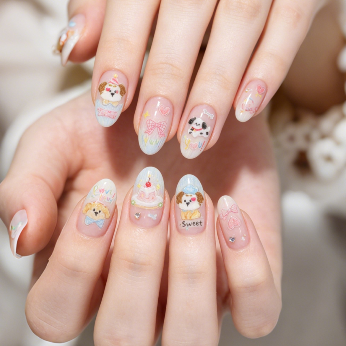 Soft and cute doodle puppy bow nail art stickers, Instagram hand-painted cute puppy planner stickers, shell light Application Scenario