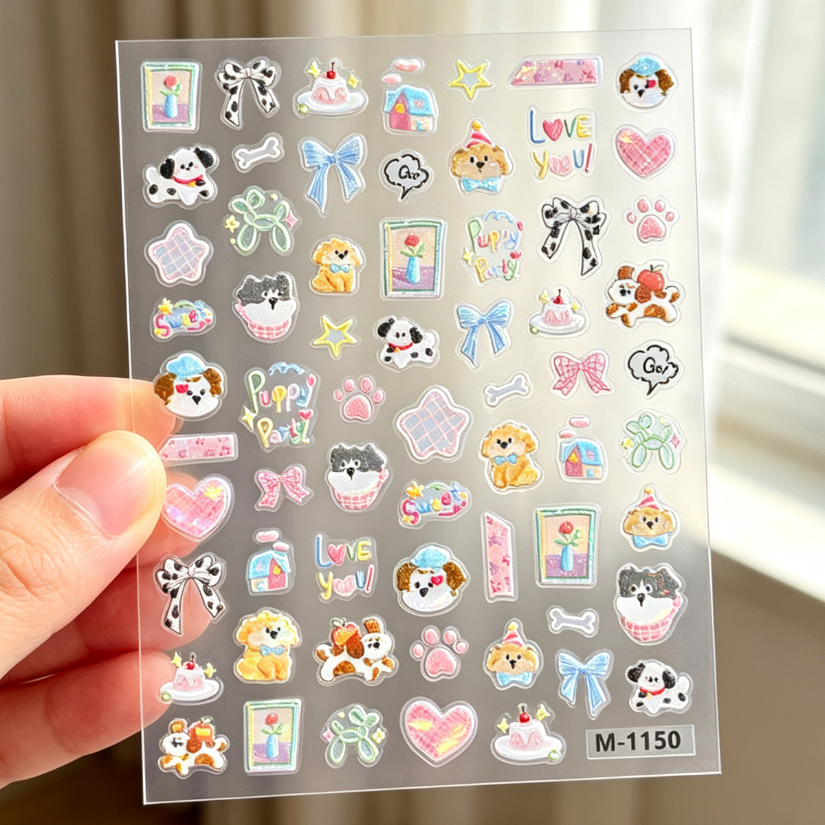 Soft and cute doodle puppy bow nail art stickers, Instagram hand-painted cute puppy planner stickers, shell light