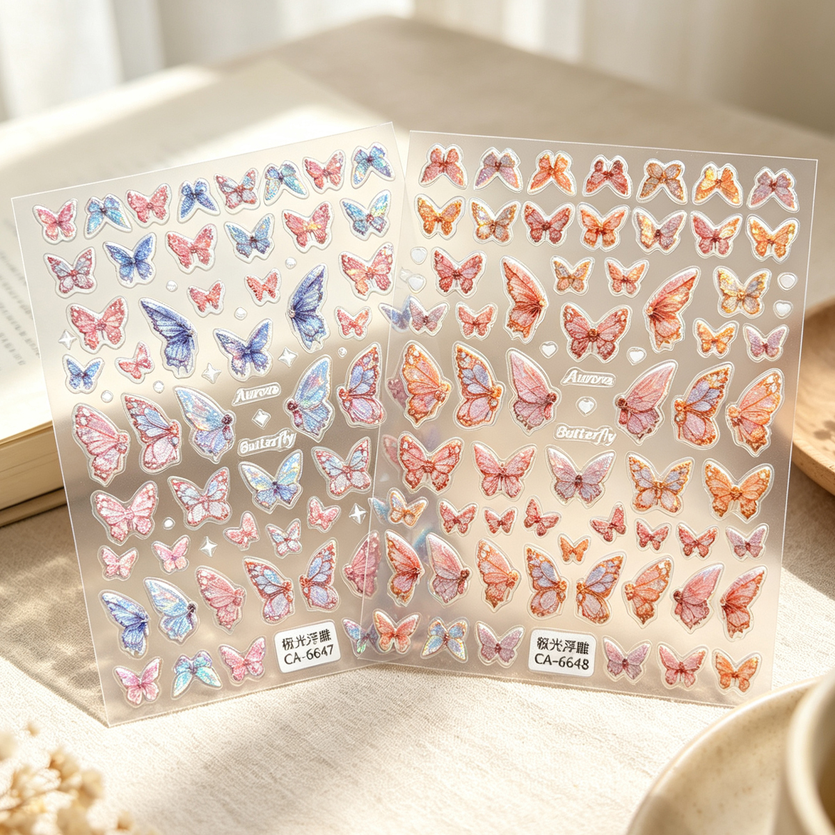 Estilo explosivo mariposa aurora relieves pegatinas fantasía colorido uñas maquillaje pegatinas lindo lindo hada mariposa uñas pegatinas Specification image