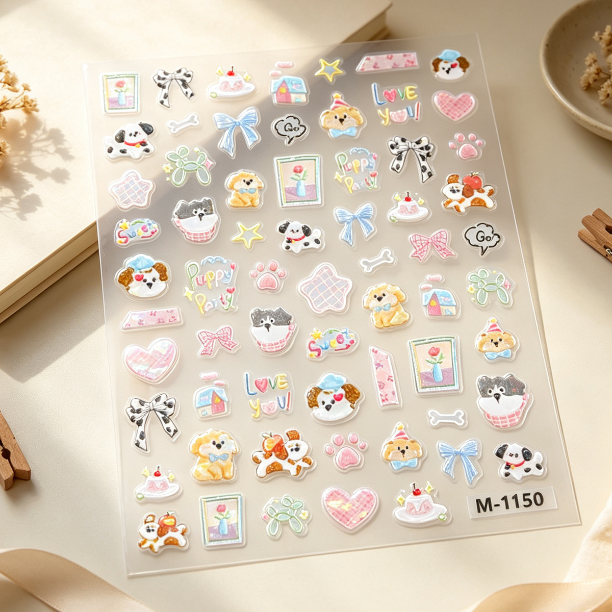 Soft and cute doodle puppy bow nail art stickers, Instagram hand-painted cute puppy planner stickers, shell light Specification image