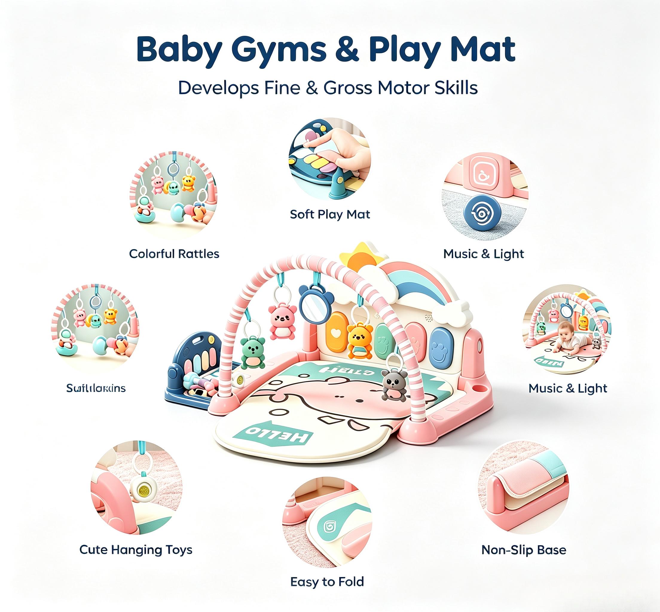 Pink whale rainbow arched baby fitness frame with game mat, foot pedal, crawling mat, crawling mat, Yilin handmade toy set details Picture