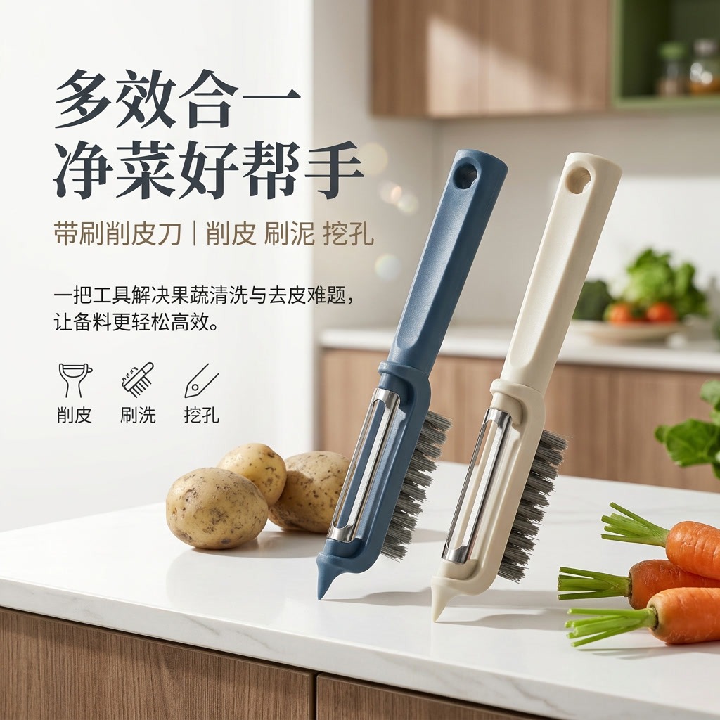 厂家批发多用削皮刀带刷果蔬削皮器地瓜土豆清洗刷多功能不锈钢