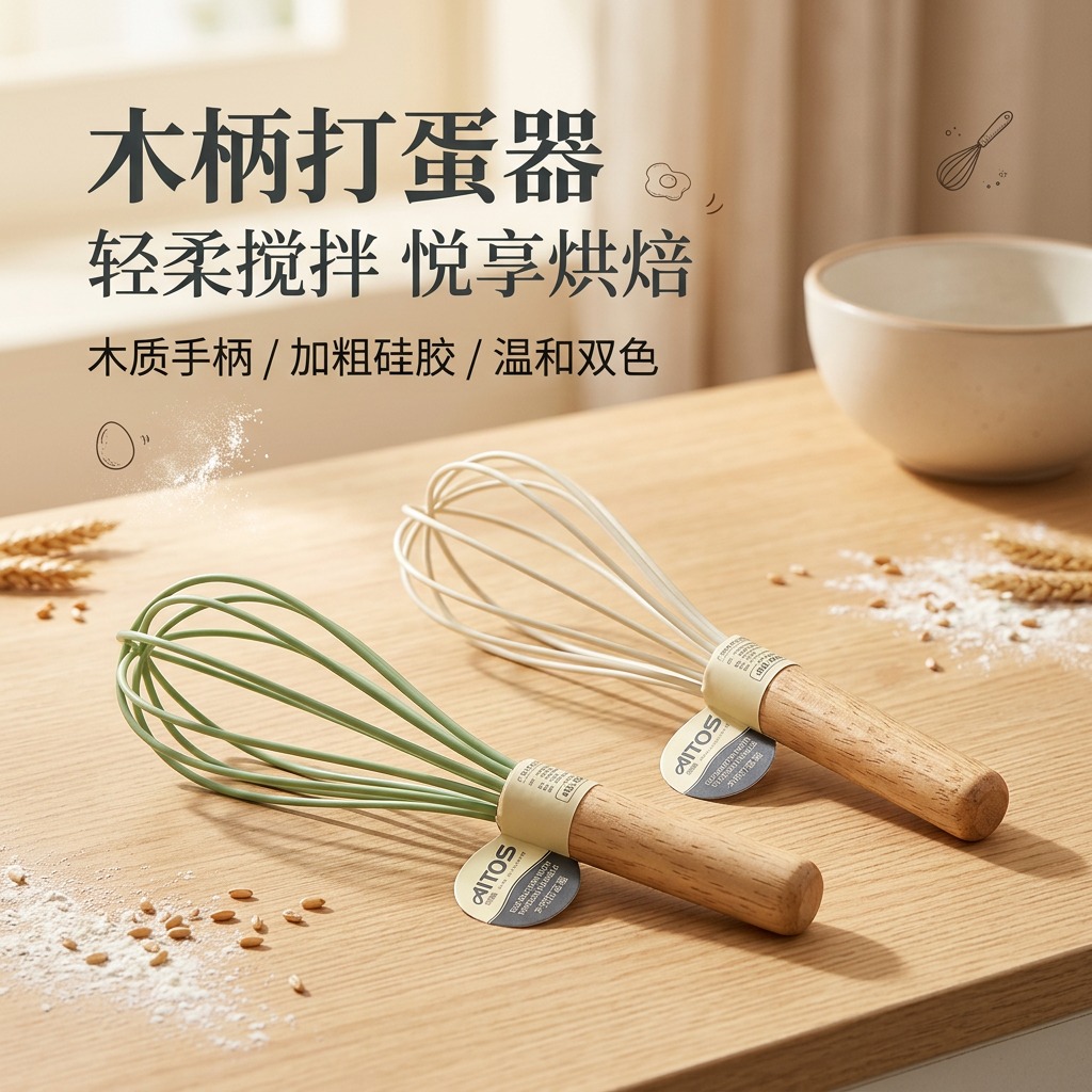 打蛋器硅胶材质木柄家用鸡蛋奶油搅拌器蛋糕烘焙工具手动烘焙工具