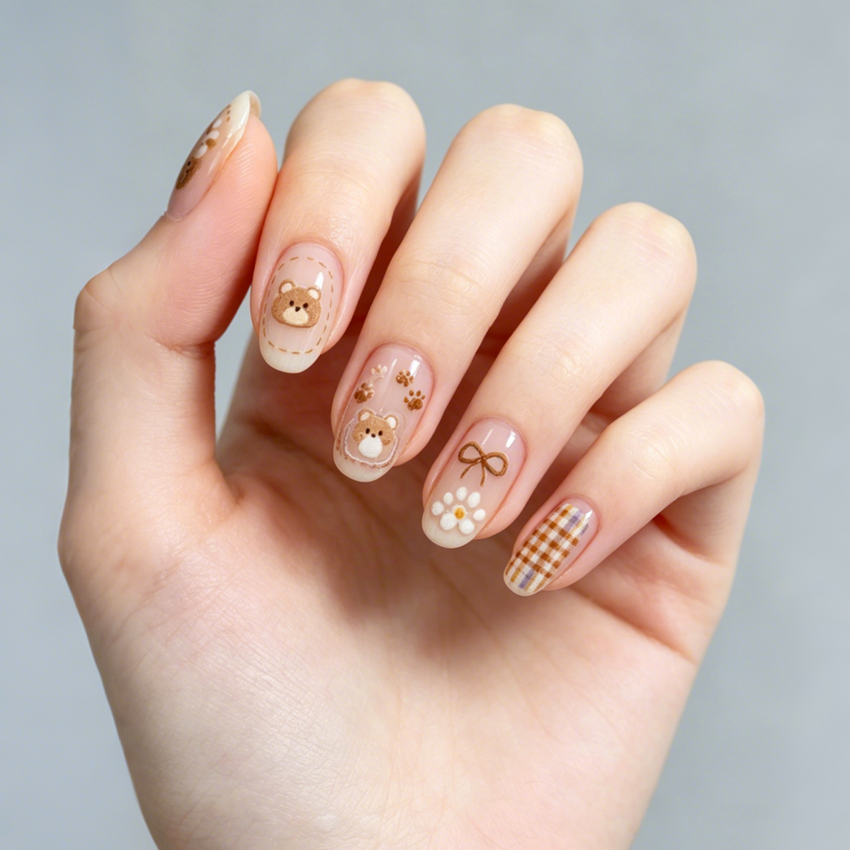 Cartoon Warm Brown Teddy Bear nail stickers TS3960 Retro and cute milk coffee claw print heart bow nail stickers Application Scenario