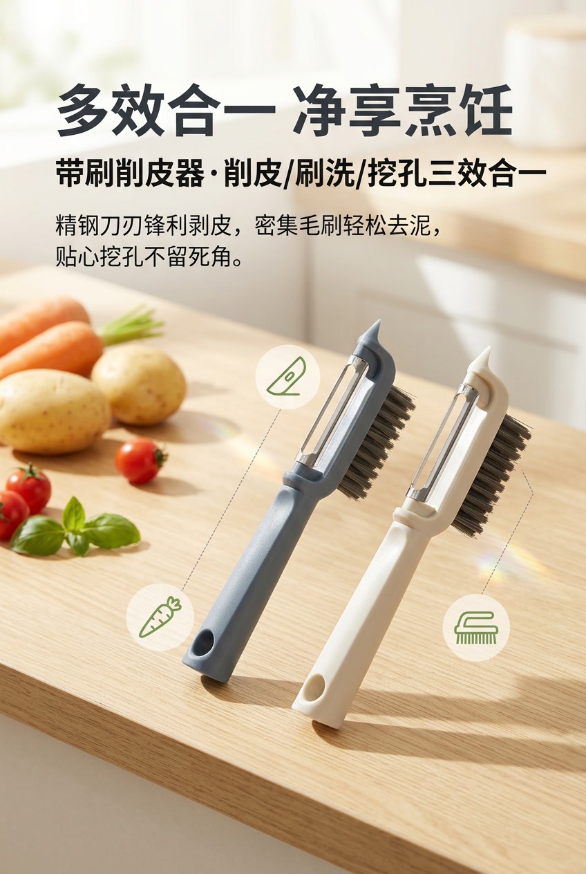 厂家批发多用削皮刀带刷果蔬削皮器地瓜土豆清洗刷多功能不锈钢详情1
