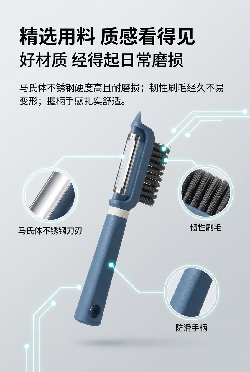 厂家批发多用削皮刀带刷果蔬削皮器地瓜土豆清洗刷多功能不锈钢详情5