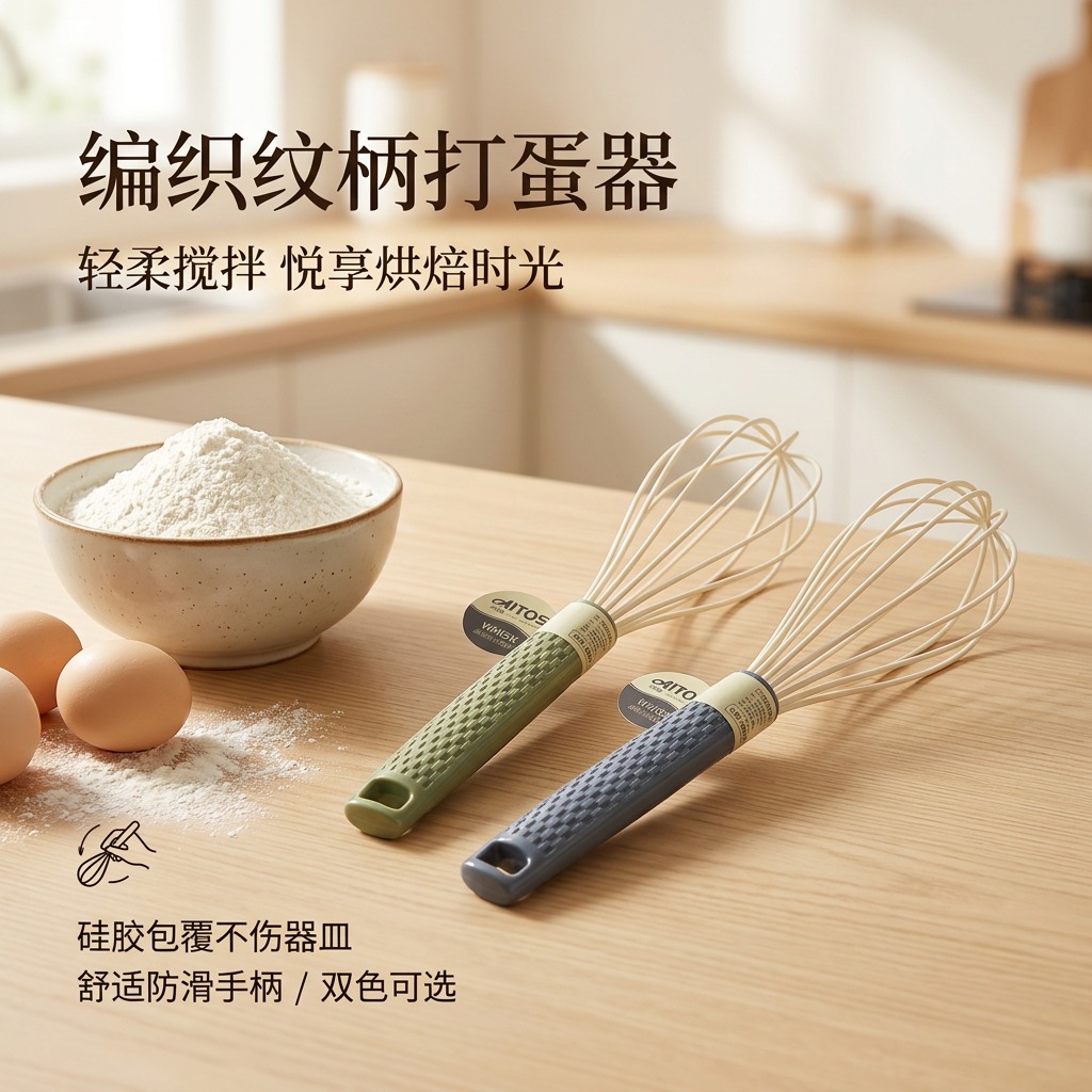 双色硅胶包覆手柄16寸打蛋器面粉搅拌器厨房用品置于木质台面