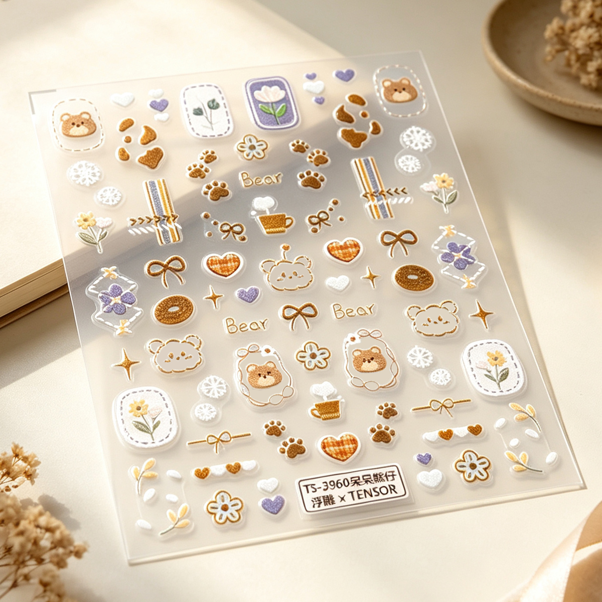 Cartoon Warm Brown Teddy Bear nail stickers TS3960 Retro and cute milk coffee claw print heart bow nail stickers Specification image