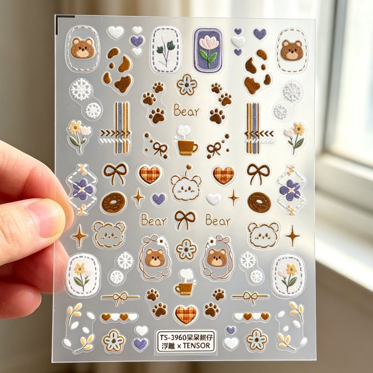 Dibujos animados caliente marrón nerd bear uñas pegatinas TS3960 retro cute leche de la pata de la impresión corazón arco uñas pegatinas
