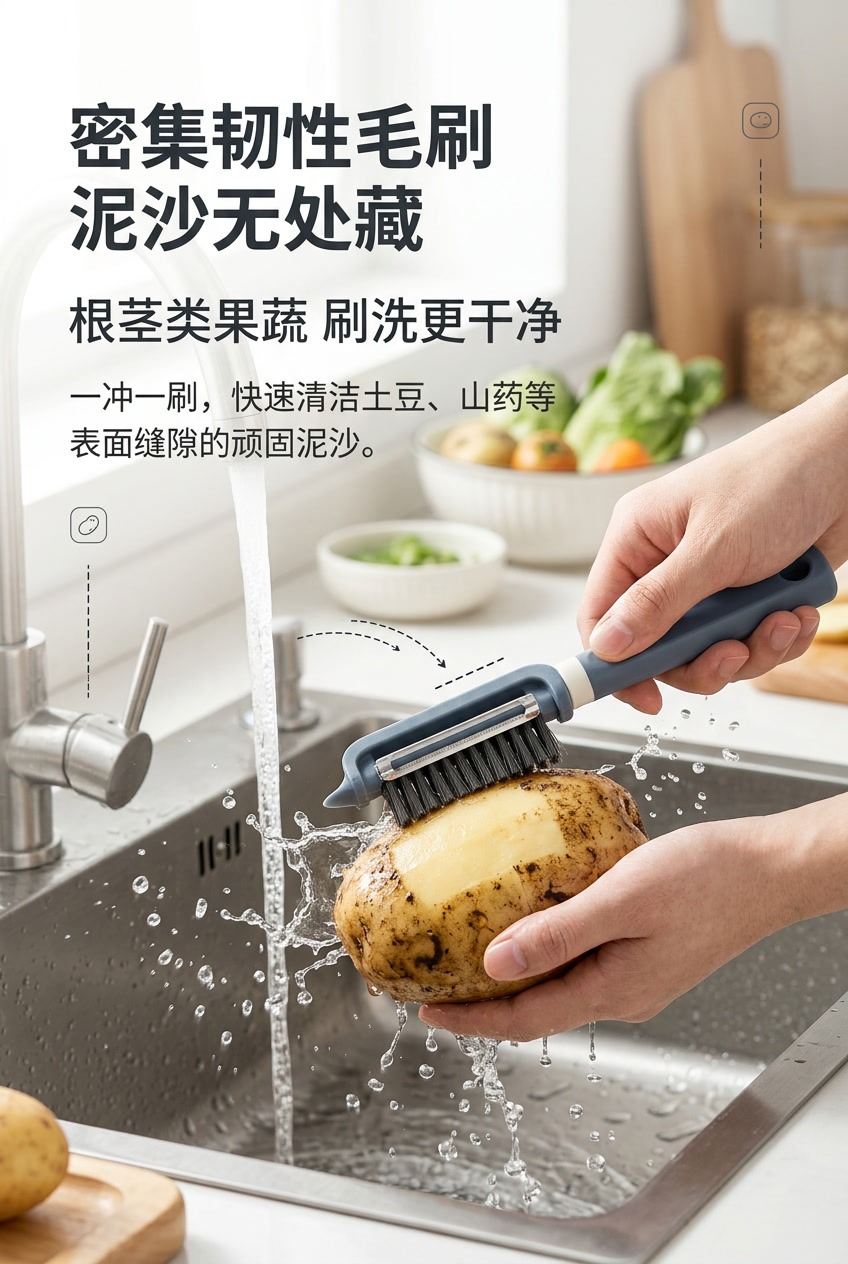 厂家批发多用削皮刀带刷果蔬削皮器地瓜土豆清洗刷多功能不锈钢详情3
