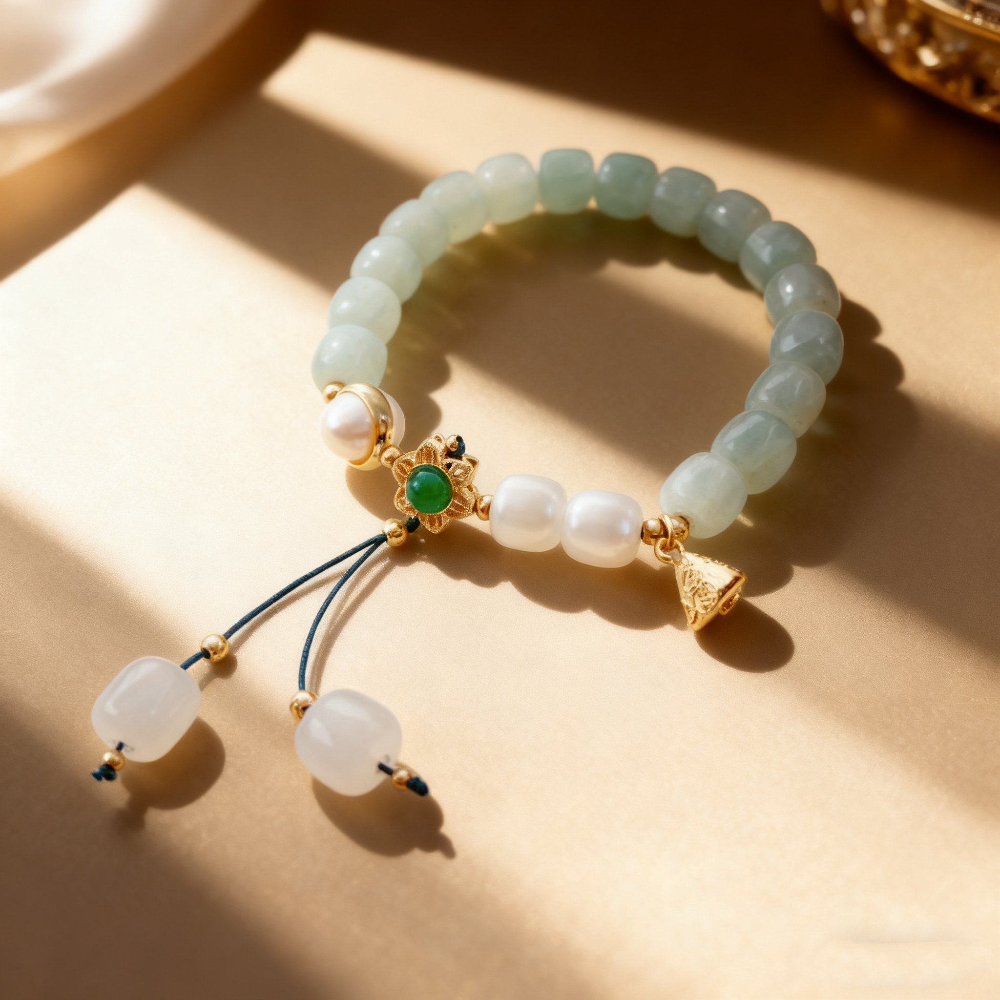 Light green jade bead bracelet with pearl turquoise flower-shaped pendant, tassel crystal handcrafted bracelet, sand gold jewelry details Picture