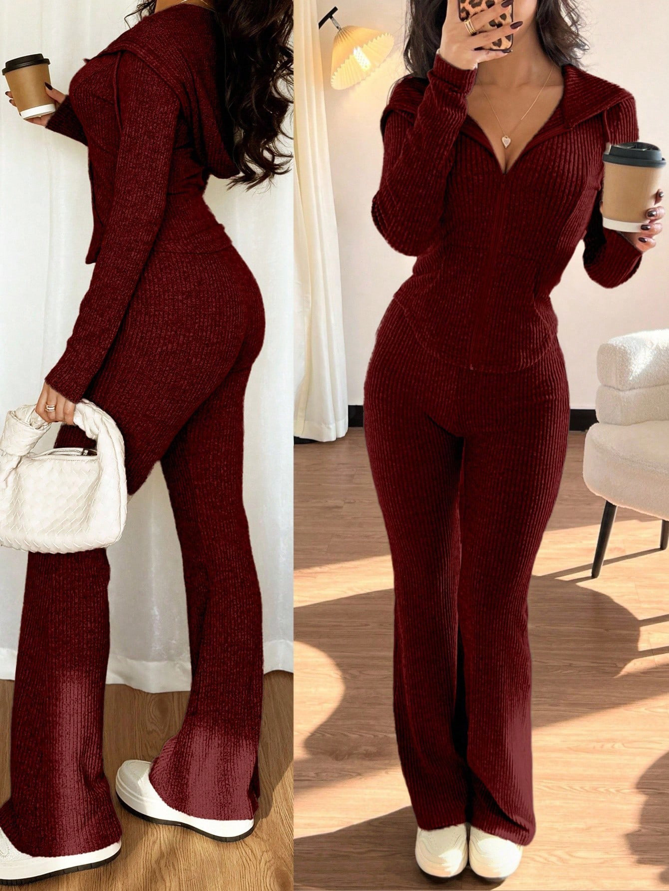 European and American cross-border foreign trade women's slimming autumn and winter casual zipper top and long pants comfortable set