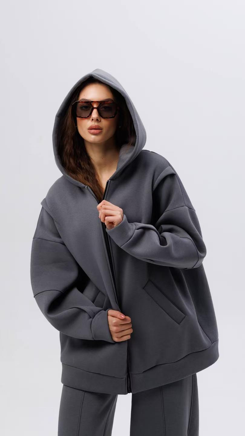 2026 Cross-border European and American autumn/Winter women's fashion Trend Casual solid color hooded zipper jacket straight-leg long pants set