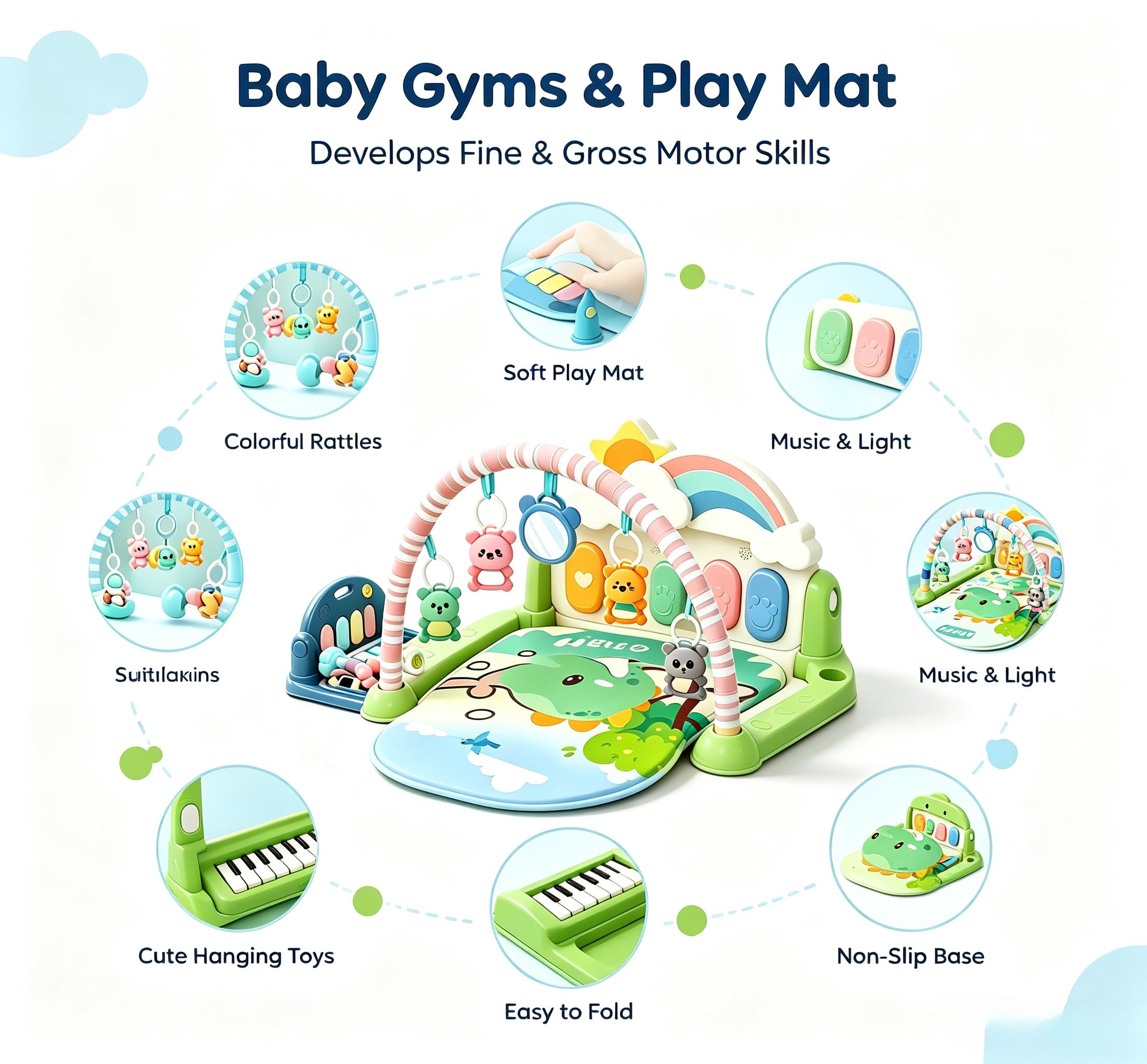 Baby fitness frame, foot pedal piano, green little dinosaur crawling mat, crawling mat, multi-functional early education and intelligence baby toy details Picture