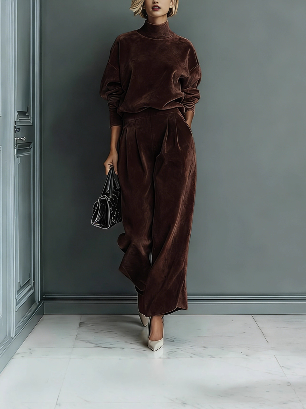 2026 European and American cross-border trade women's Clothing Autumn and Winter Fashion Casual Sportswear Set, velvet long-sleeved solid color high-neck wide-leg pants Item Picture