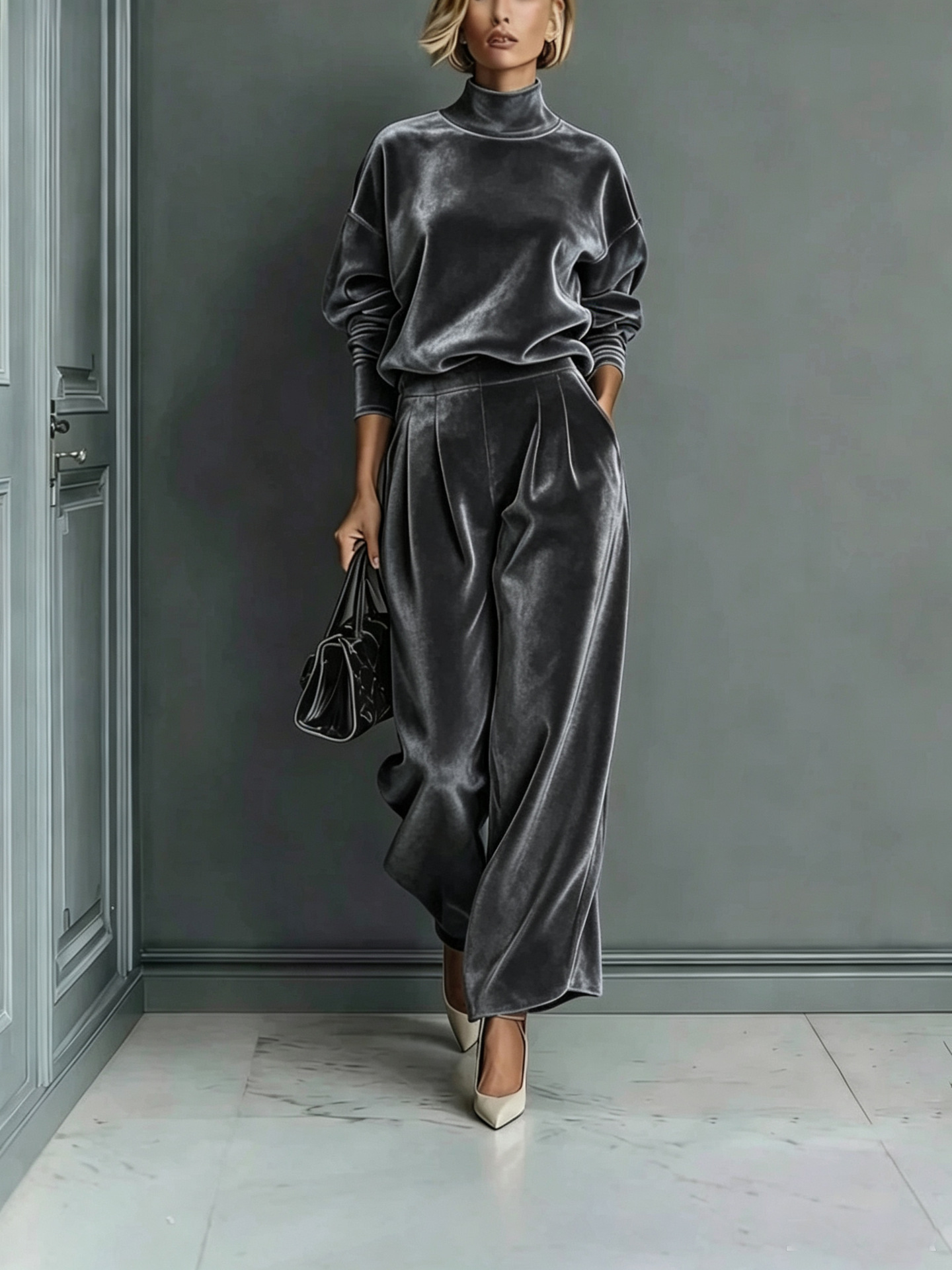 2026 European and American cross-border trade women's Clothing Autumn and Winter Fashion Casual Sportswear Set, velvet long-sleeved solid color high-neck wide-leg pants Application Scenario
