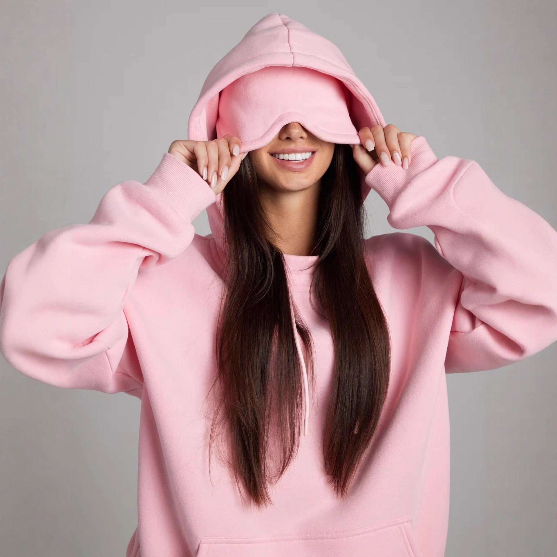 2026 European and American women's autumn and winter solid-color pullover hooded sweatshirt with eye mask and long pants set sweatshirt two-piece set for women
