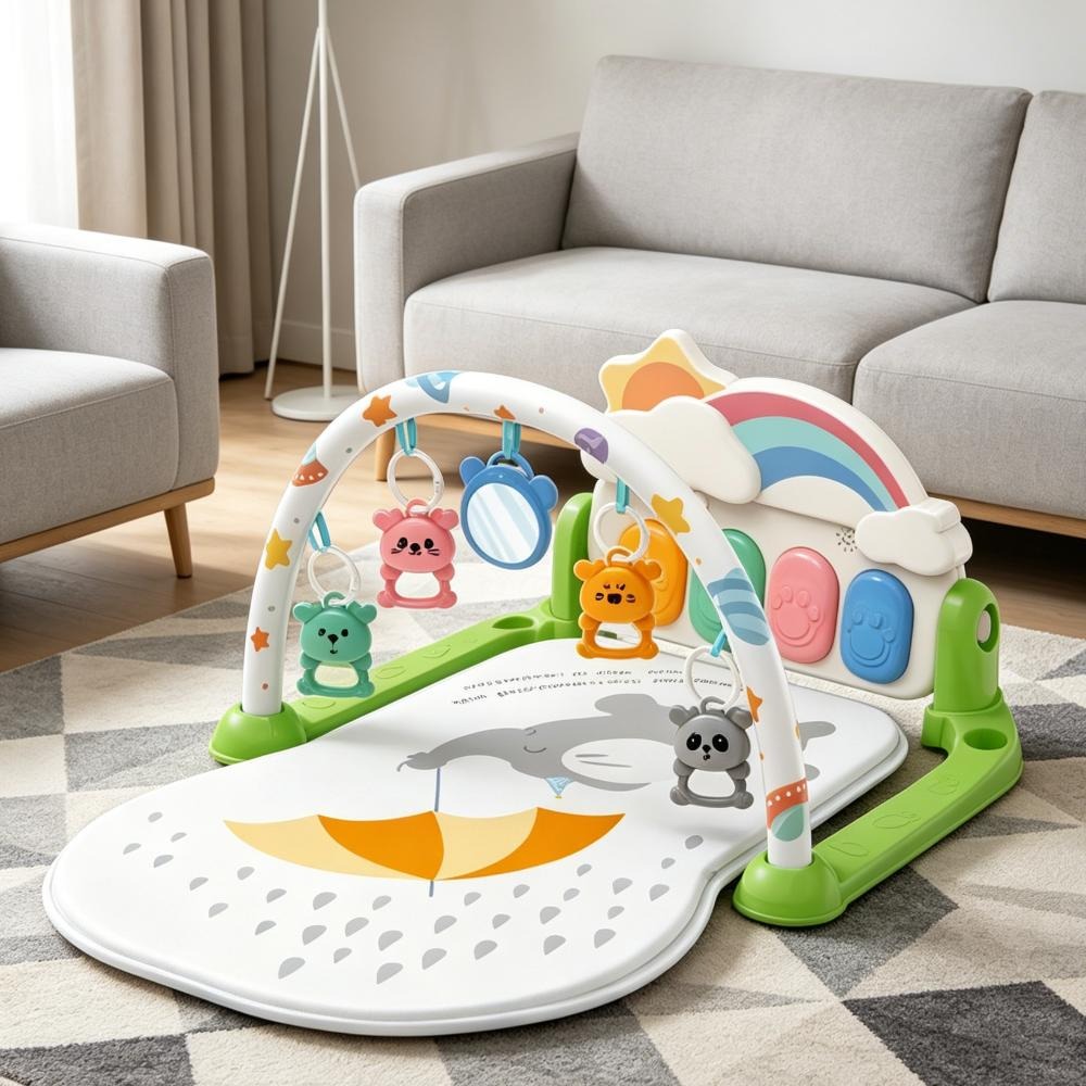 Colorful baby fitness frame, white base, green stand, hanging cartoon animal toys, rainbow piano key area, crawling mat, foot pedal, handcrafted toys Application Scenario